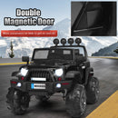 12V Black Kids Ride-On Truck with RC Control, Spring Suspension, LED Lights, and Music Trunk