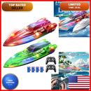 DEERC 13-Inch Remote Control Boat Set for Kids with 4 Batteries and LED Lights
