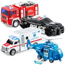 JOYIN Rescue Vehicle Playset - Fire Truck, Ambulance, Police Car, Helicopter