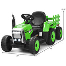 Honeyjoy 12V Green Ride-On Tractor with Trailer, Ground Loader, Remote Control, and Lights for Kids