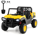 24V Remote-Controlled Dump Truck with Dump Bed, Shovel, Music, and Soft Start