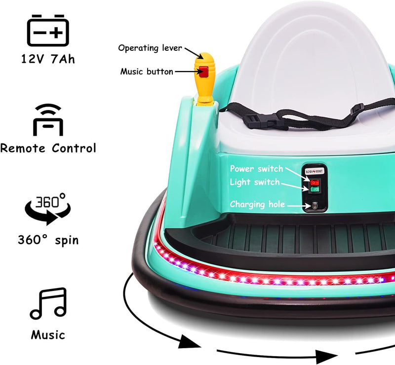 12V Kids Ride-On Bumper Car with Remote Control, 360° Spin, and Flashing Lights for Toddlers