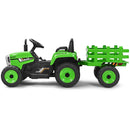 Honeyjoy 12V Green Ride-On Tractor with Trailer, Ground Loader, Remote Control, and Lights for Kids