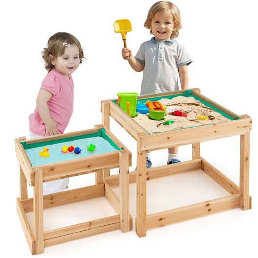 Wooden Sand and Water Table with Protective Cover for Kids, Natural Finish