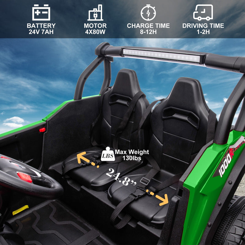 24V Kids Electric 4WD Ride-On UTV Truck, 2-Seater, Green, 80W Motor