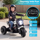 White 6V Kids Motorcycle with Music, Storytelling, LED Lights, Accelerator Pedal, and Three Wheels