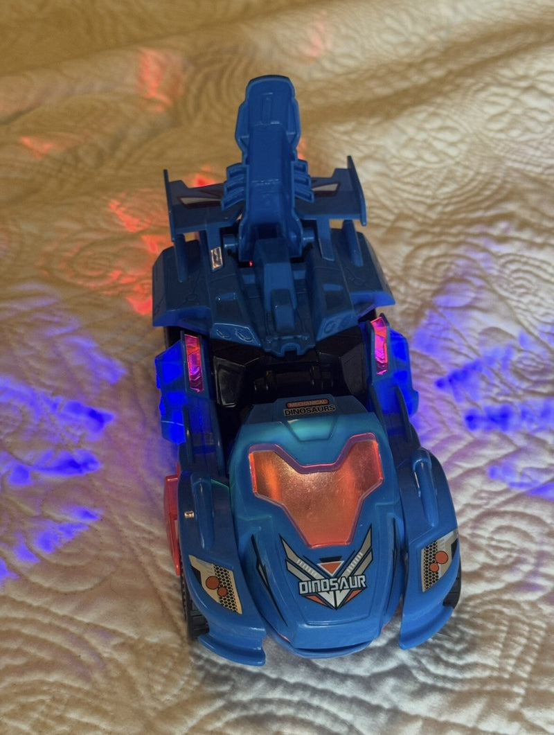 Mechanical Transforming Dinosaur Car Toy with LED Lights and Sound in Blue and Red