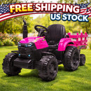 12V Electric Tractor with Detachable Trailer and 7-LED Headlights for Kids