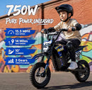 Navy Blue 36V 750W Kids Electric Dirt Bike - 15.5MPH, 14 Mile Range, 3 Speed