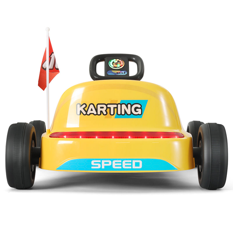 Yellow 12V Battery-Powered Kids Electric Ride-On Go-Kart with 3 Speeds, Music, and Remote Control