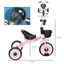 Adjustable Pink Tricycle for Toddlers with Basket and Bell, Ages 2-5