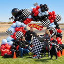 Race Car Balloon Arch Set - 184 Pieces with Flags, Tires, Checkered Patterns, and Red Balloons