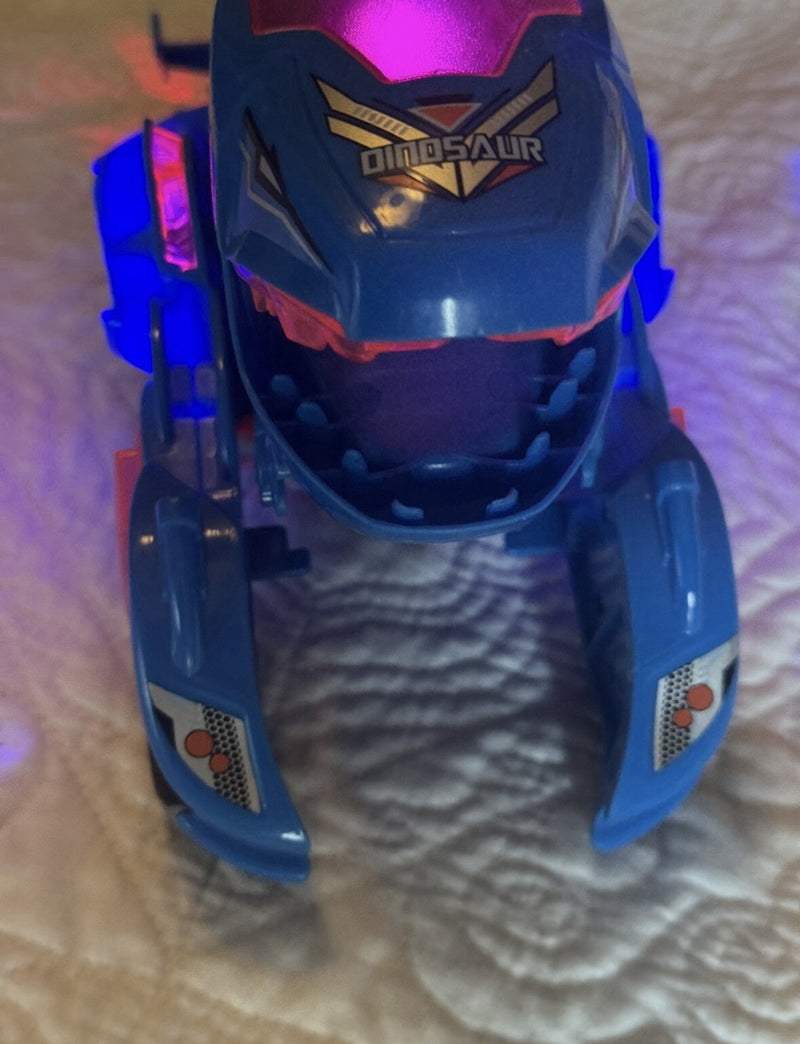 Mechanical Transforming Dinosaur Car Toy with LED Lights and Sound in Blue and Red