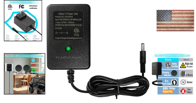 Safe and Reliable 12 Volt Charger for Ride-On Toys with 6ft Cable and LED Status Lights Magic Cars 1