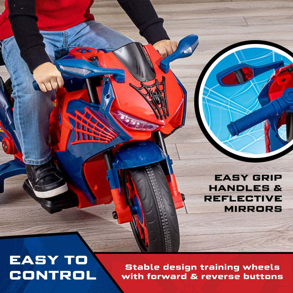 Spoder Man Ride On 6V Spiderman Ride-On Motorcycle for Kids Ages 3+ with Rechargeable Bat