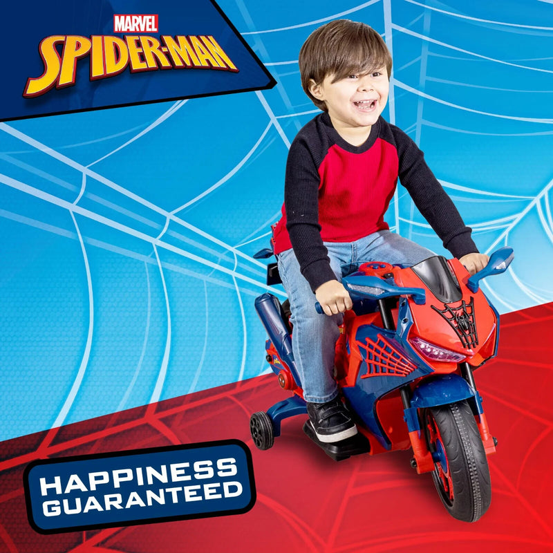 Spider-Man 6V Kids Ride-On Motorcycle with Lights, Sounds, and Training Wheels Magic Cars 4