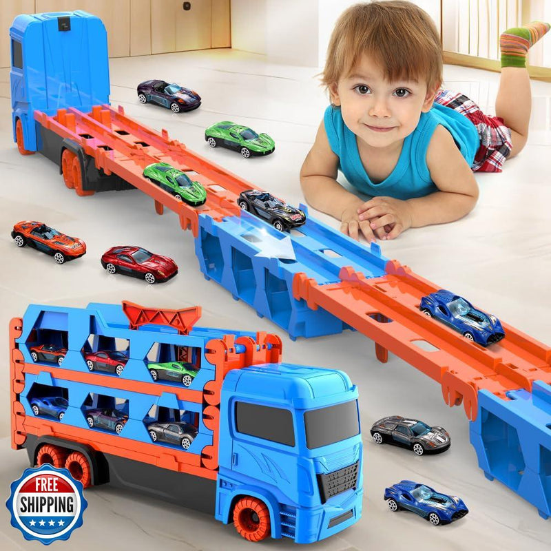 61-Inch Dual Race Track and Eject Car Transport Truck Toy for Kids Magic Cars 1