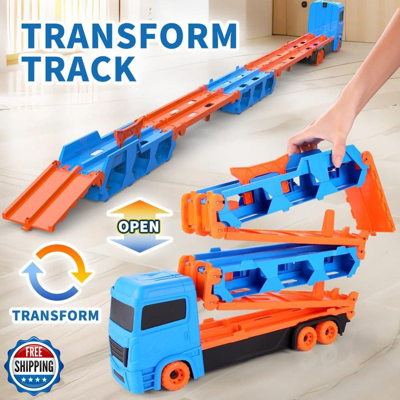 61-Inch Dual Race Track and Eject Car Transport Truck Toy for Kids Magic Cars 2
