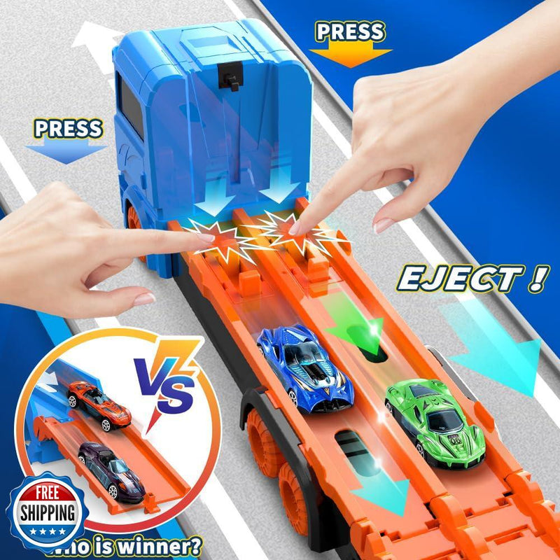 61-Inch Dual Race Track and Eject Car Transport Truck Toy for Kids Magic Cars 3