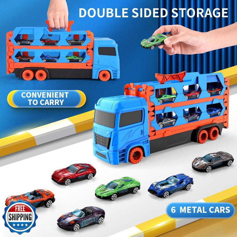 61-Inch Dual Race Track and Eject Car Transport Truck Toy for Kids Magic Cars 4