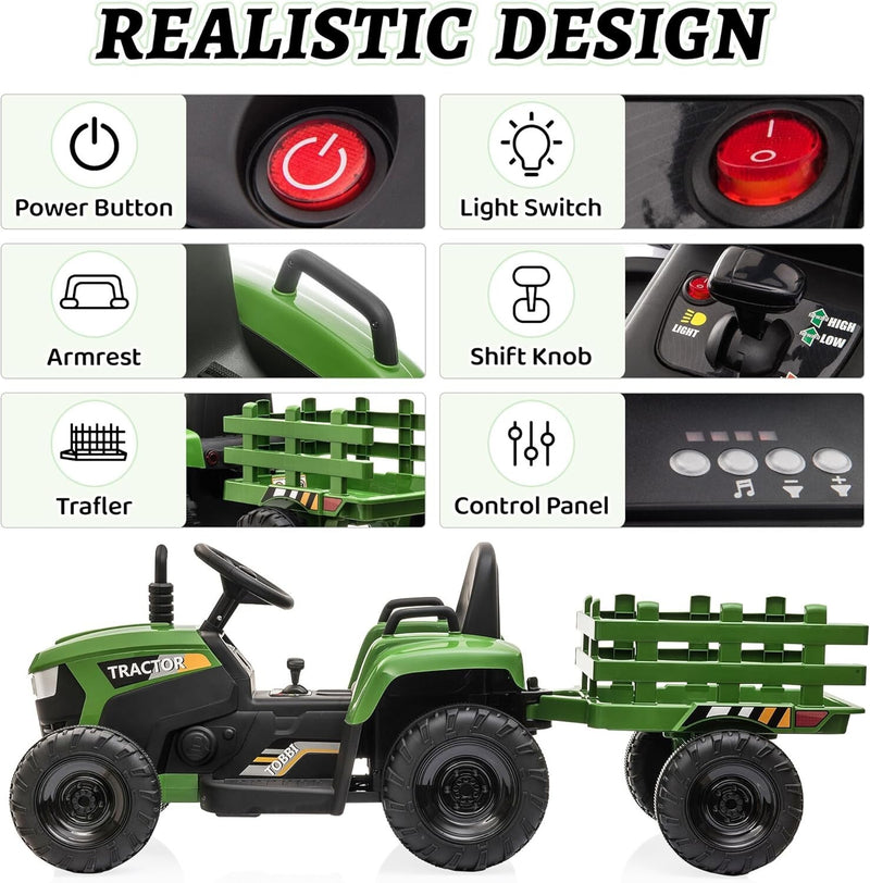 12V Battery-Powered Kids Ride-On Tractor Toy with Trailer and 35W Dual Motors Magic Cars 2