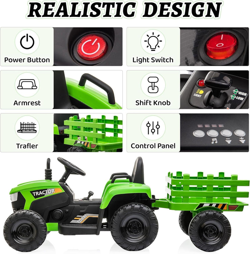 12V Battery-Powered Ride-On Tractor Toy with Trailer for Toddlers Magic Cars 2