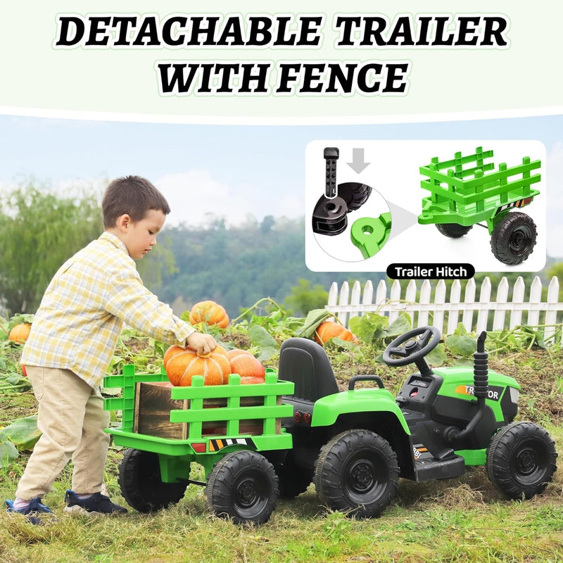 12V Battery-Powered Ride-On Tractor Toy with Trailer for Toddlers Magic Cars 3