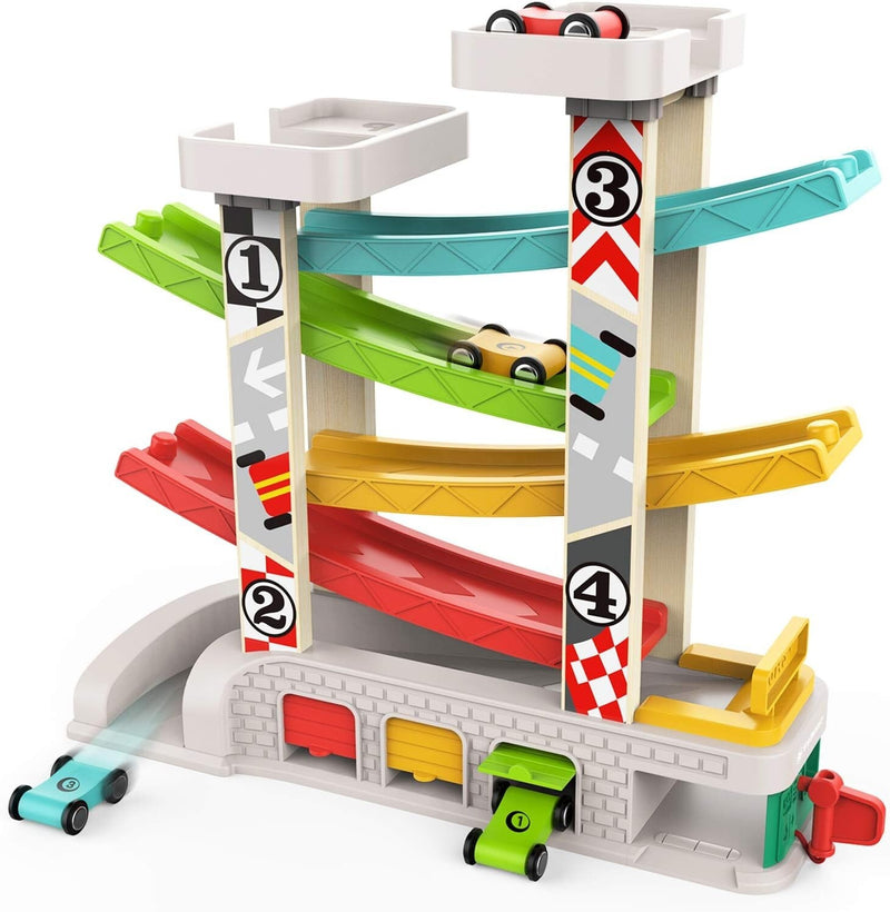 Toddler Race Track Toy with 4 Wooden Cars Montessori Learning Playset Magic Cars 2