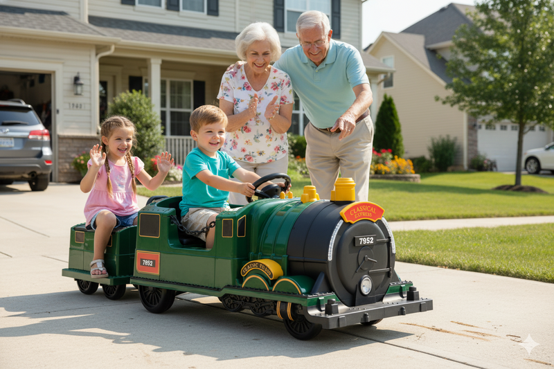 Kids Ride-On Train for Backyard Fun – Battery Powered W/Magic Cars® Remote Control, Real Steam Stack, MP3 & Working Caboose (Ages 1–10)