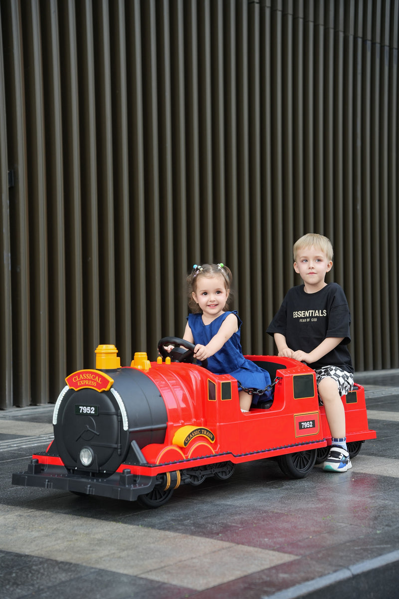 Kids Ride-On Train for Backyard Fun – Battery Powered W/Magic Cars® Remote Control, Real Steam Stack, MP3 & Working Caboose (Ages 1–10)