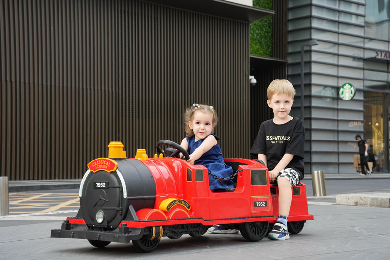 Kids Ride-On Train for Backyard Fun – Battery Powered W/Magic Cars® Remote Control, Real Steam Stack, MP3 & Working Caboose (Ages 1–10)