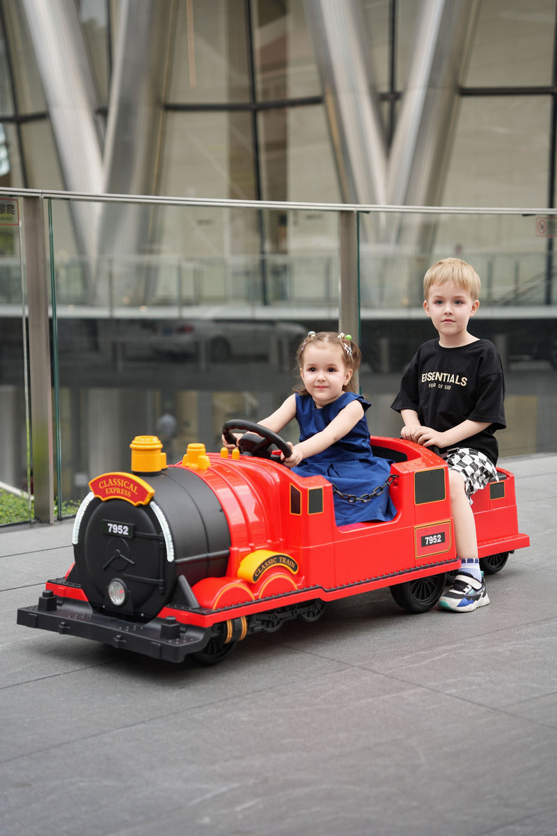 Kids Ride-On Train for Backyard Fun – Battery Powered W/Magic Cars® Remote Control, Real Steam Stack, MP3 & Working Caboose (Ages 1–10)