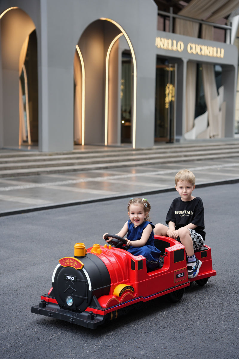 Kids Ride-On Train for Backyard Fun – Battery Powered W/Magic Cars® Remote Control, Real Steam Stack, MP3 & Working Caboose (Ages 1–10)