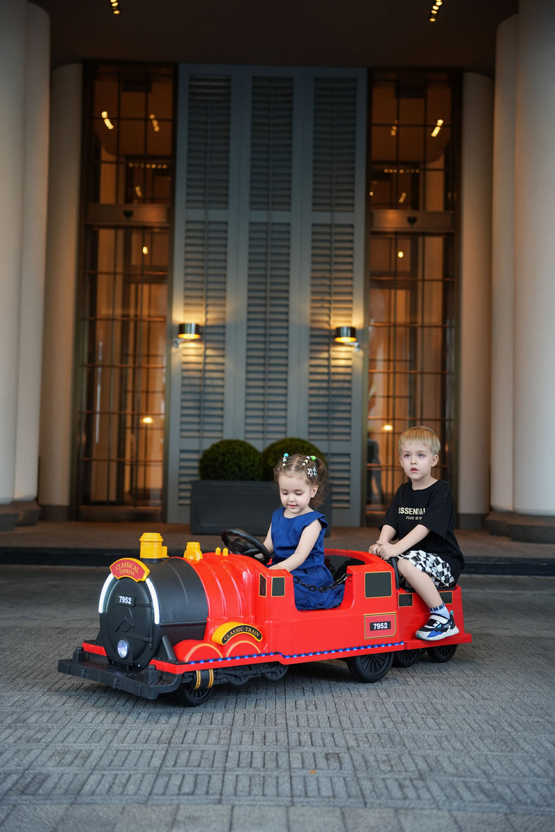 Kids Ride-On Train for Backyard Fun – Battery Powered W/Magic Cars® Remote Control, Real Steam Stack, MP3 & Working Caboose (Ages 1–10)