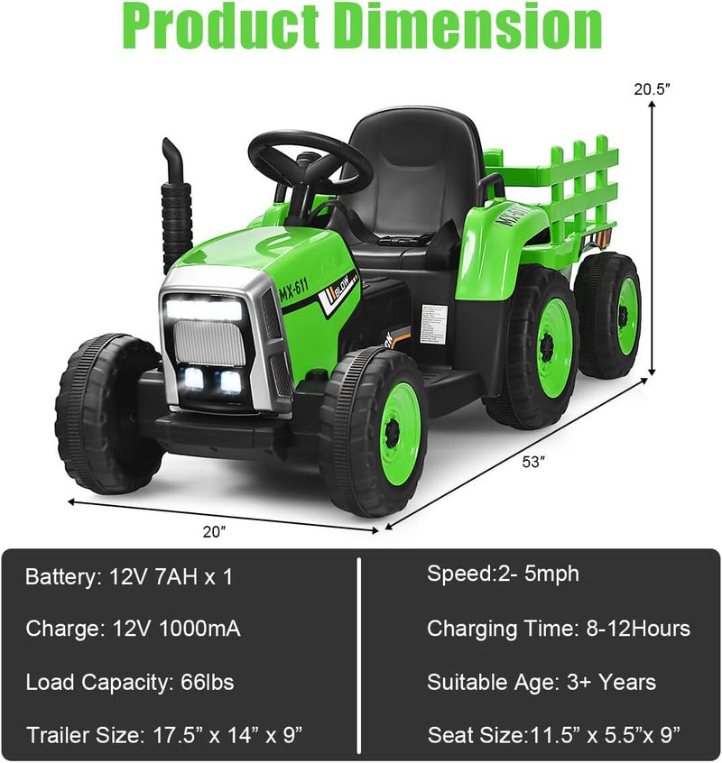 12V Kids' Electric Tractor with Detachable Trailer, USB Charging, 7 LED Lights, Remote Control Magic Cars 4