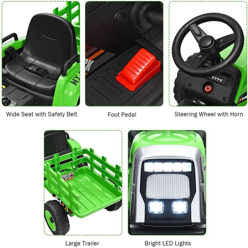 12V Kids' Electric Tractor with Detachable Trailer, USB Charging, 7 LED Lights, Remote Control Magic Cars 8