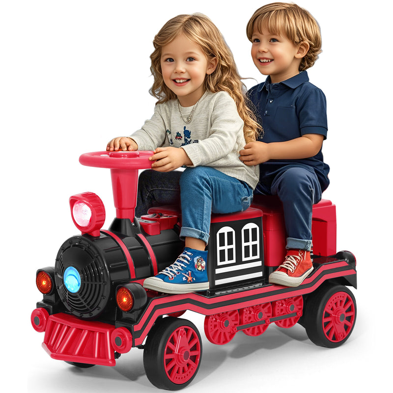 12V Two-Seater Electric Ride-On Train for Kids with Music and Lights, Red/Blue Magic Cars 13