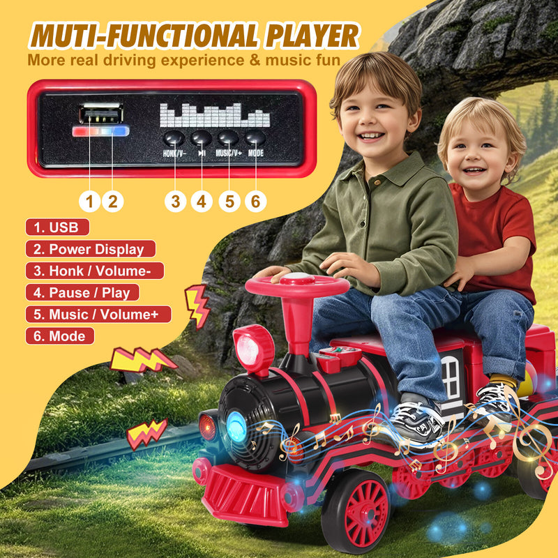 12V Two-Seater Electric Ride-On Train for Kids with Music and Lights, Red/Blue Magic Cars 16