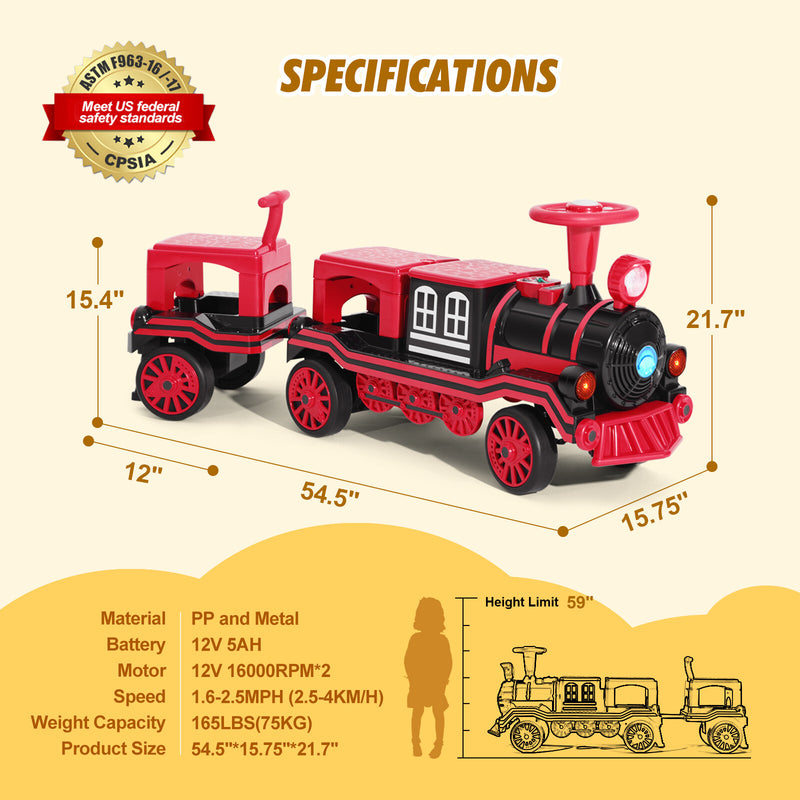 12V Two-Seater Electric Ride-On Train for Kids with Music and Lights, Red/Blue Magic Cars 2