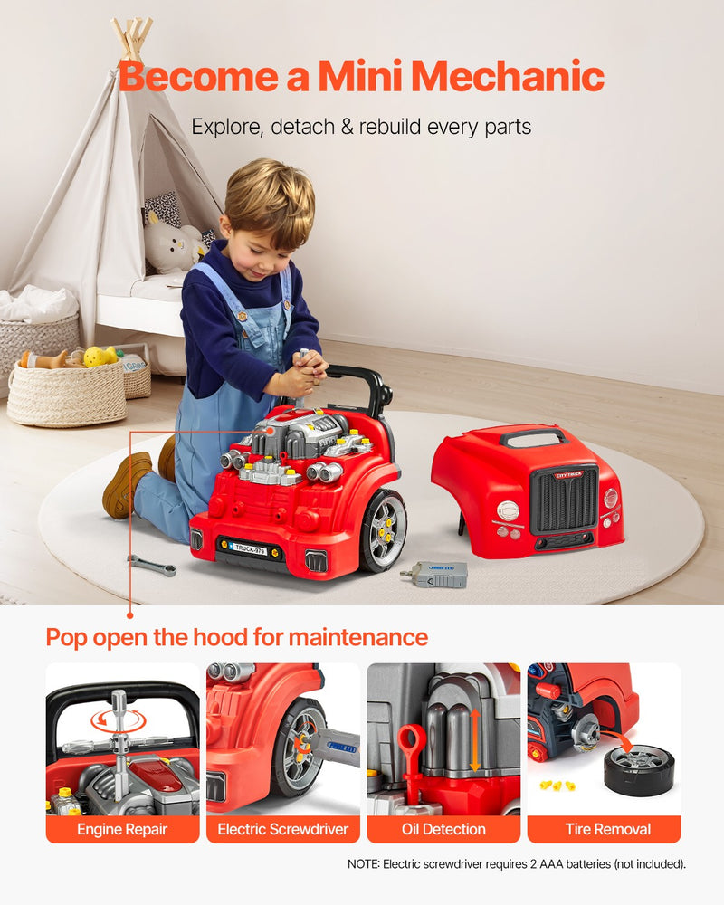 Kids Mechanical Car Repair Toy Set with Removable Engine Parts, Red Magic Cars 2