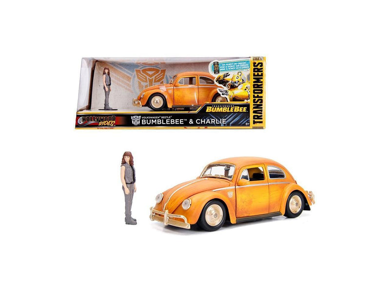 Weathered Yellow VW Beetle Diecast with Robot on Chassis and Charlie Figurine "Bumble" Magic Cars 3