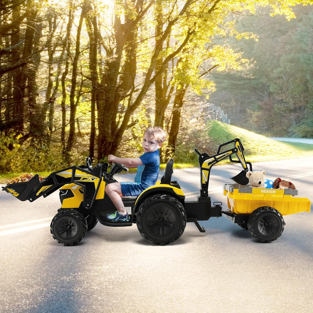 Hivvago 12V 3 in 1 Kids Ride On Excavator with Shovel Bucket and Music Green Yellow