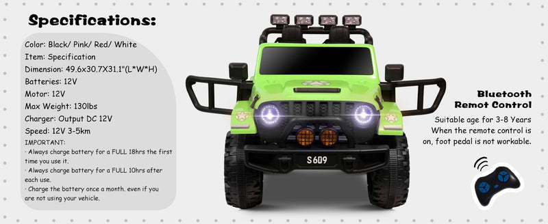 12V Electric Ride-On Jeep Truck for Kids 2-Seater with 3 Speeds Green Magic Cars 14