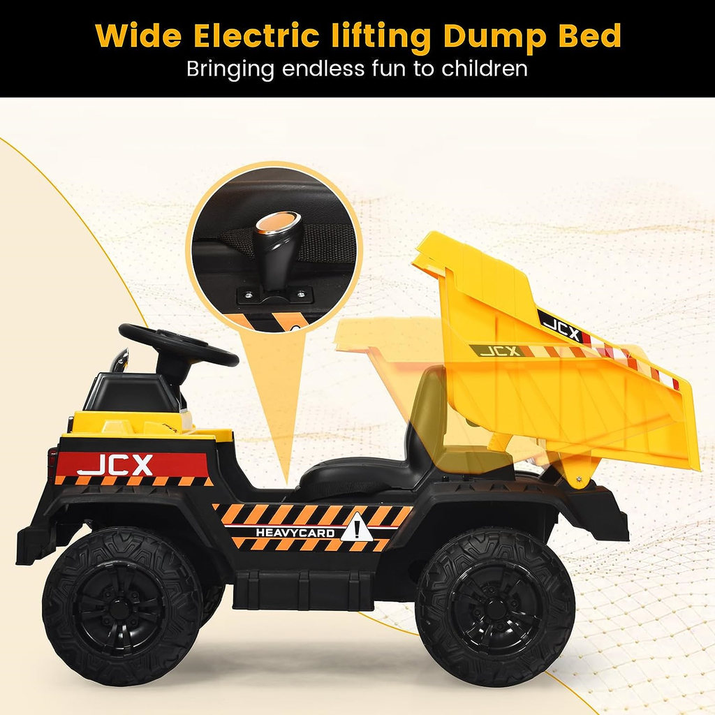 12V Dump Truck Ride-On with Remote Control, Music, Horn, USB, and AUX