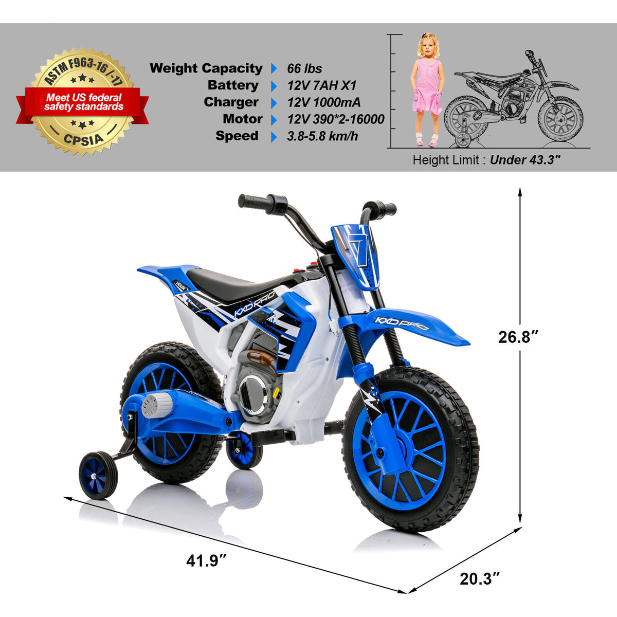 12V Electric Kids Ride-On Dirt Bike with Training Wheels Battery Pow