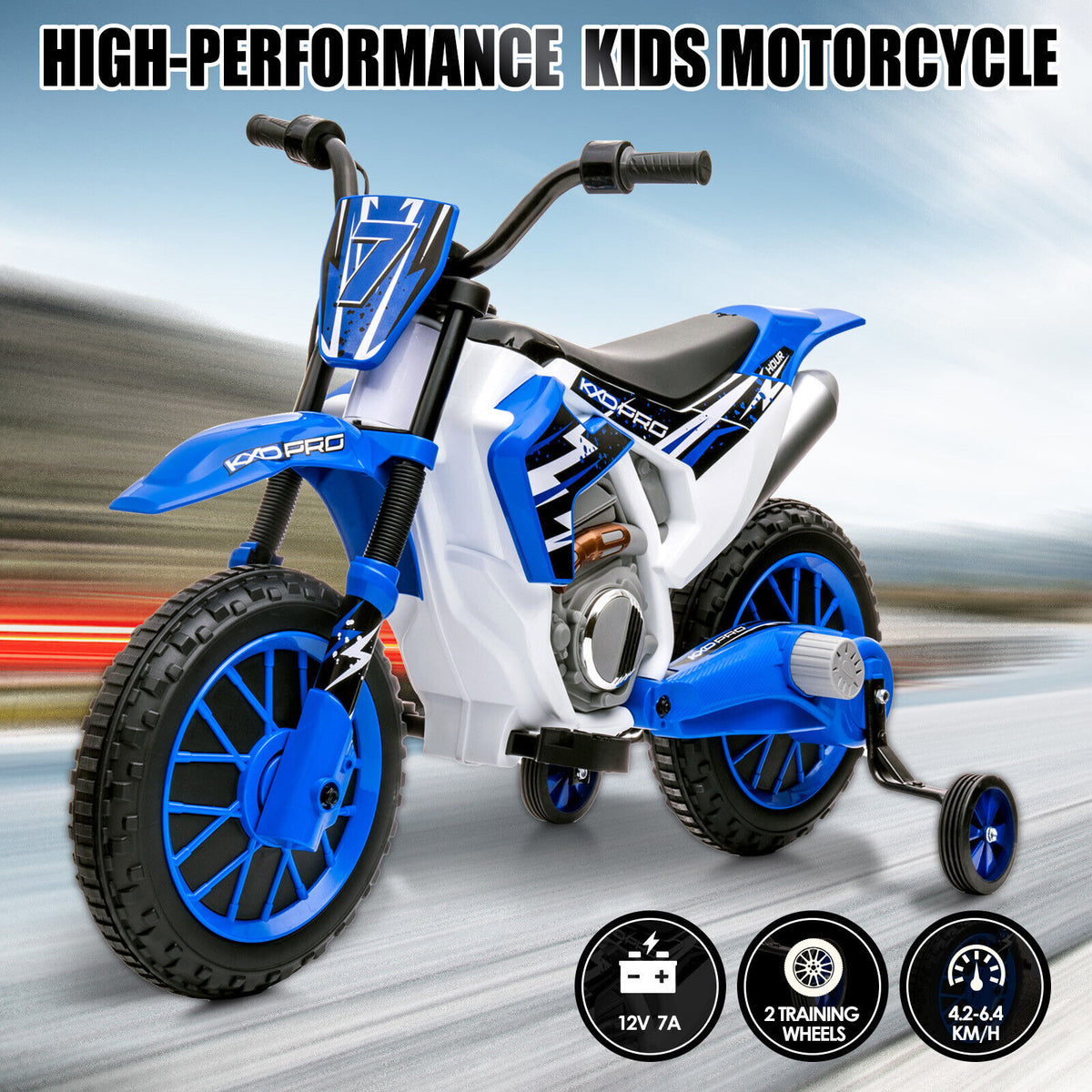 12V Blue Kids Ride On Motorcycle with Training Wheels Electric Motor