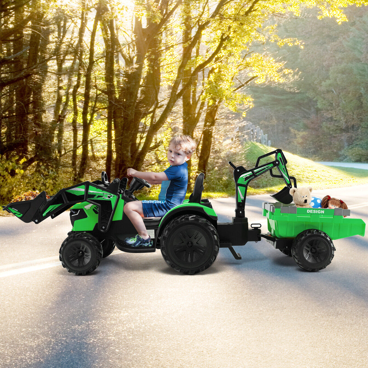 12V Electric Ride-On Excavator Bulldozer with Trailer for Kids - Remot