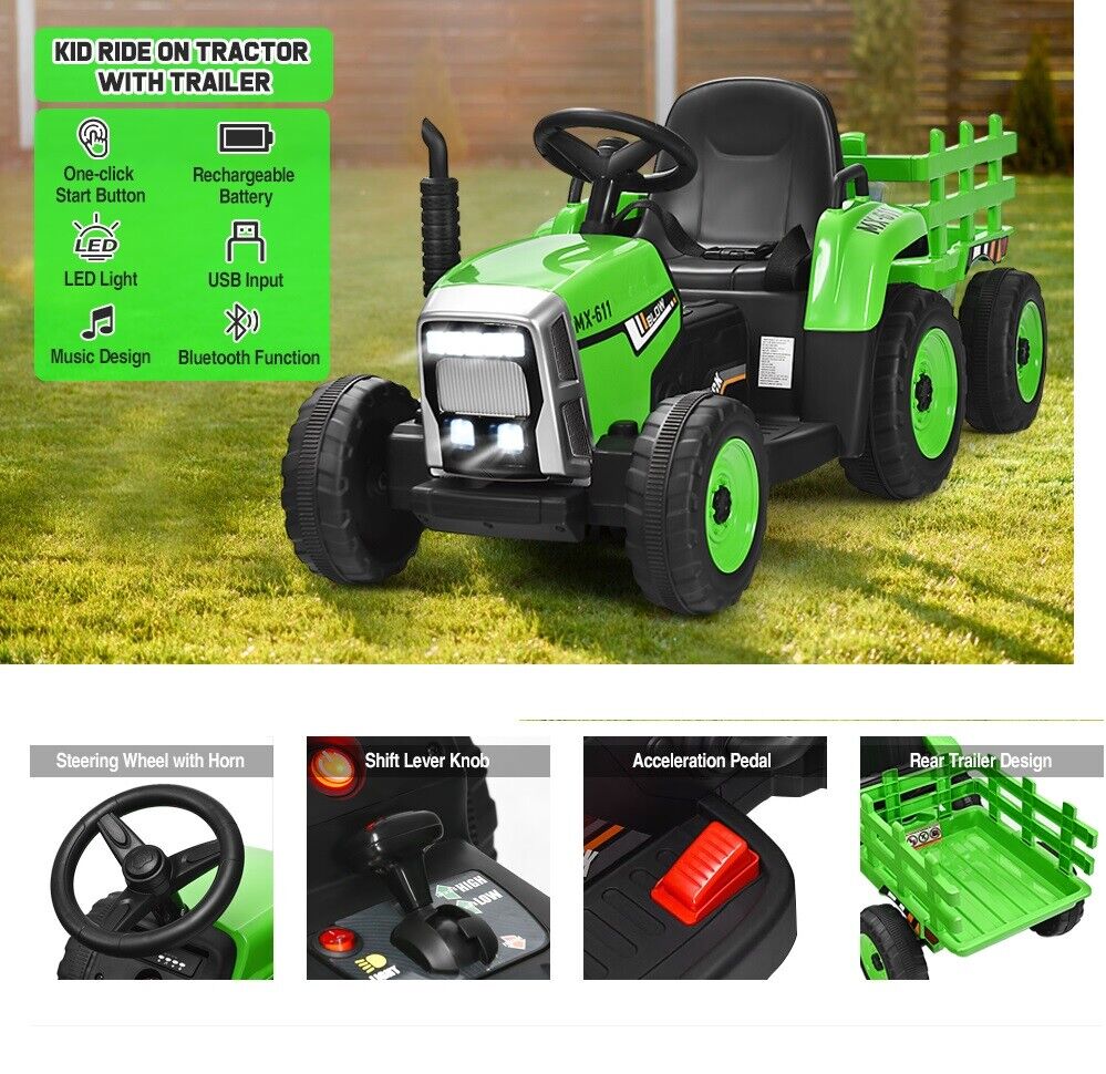 12V Electric Tractor with Remote Control and Detachable Trailer for Ki