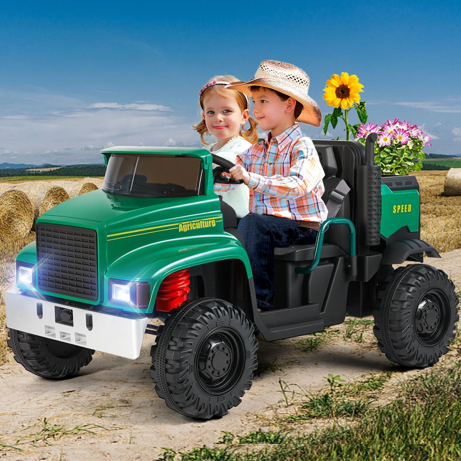 2-Seater 24V Electric Ride-On Truck with Trailer and RC Control - 3 Sp