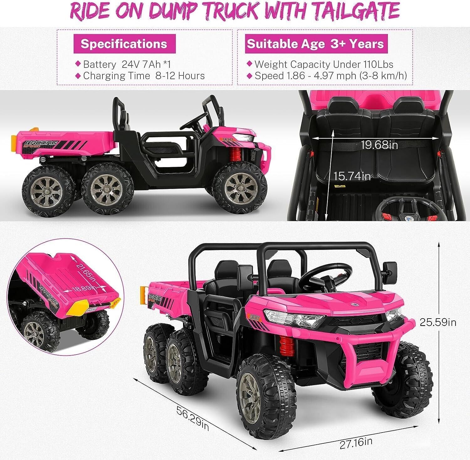 2-Seater Dump Truck Ride-On Toy with 6 Wheels and 24V Battery Power fo